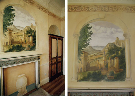 painted designs above fireplace